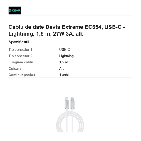 Cablu de date Devia Extreme EC654, USB-C - Lightning, 1,5 m, 27W 3A, alb [2]