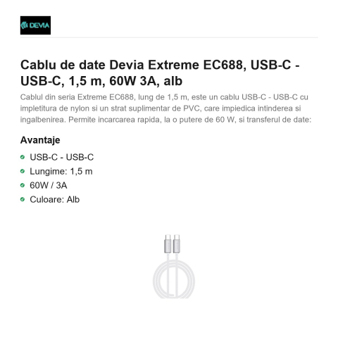 Cablu de date Devia Extreme EC688, USB-C - USB-C, 1,5 m, 60W 3A, alb [1]