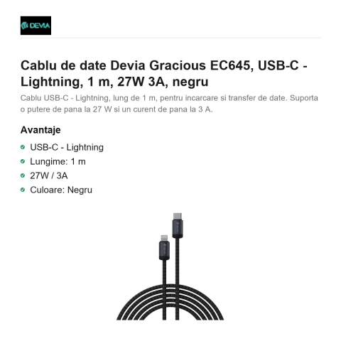 Cablu de date Devia Gracious EC645, USB-C - Lightning, 1 m, 27W 3A, negru [1]