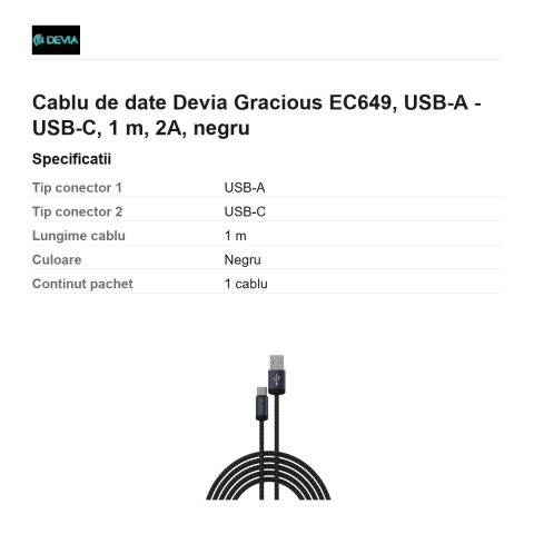 Cablu de date Devia Gracious EC649, USB-A - USB-C, 1 m, 2A, negru [2]
