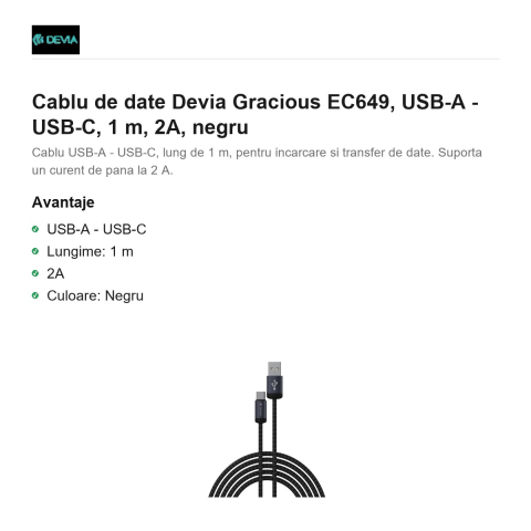 Cablu de date Devia Gracious EC649, USB-A - USB-C, 1 m, 2A, negru [1]