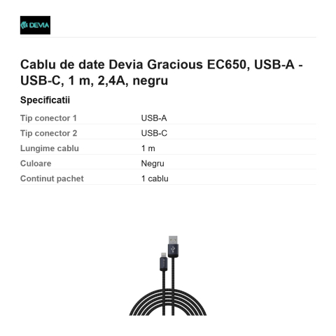Cablu de date Devia Gracious EC650, USB-A - USB-C, 1 m, 2,4A, negru [2]