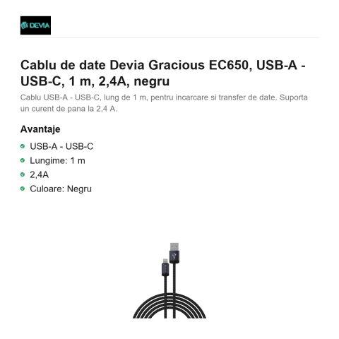 Cablu de date Devia Gracious EC650, USB-A - USB-C, 1 m, 2,4A, negru [1]