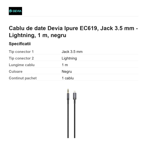 Cablu de date Devia Ipure EC619, Jack 3.5 mm - Lightning, 1 m, negru [2]