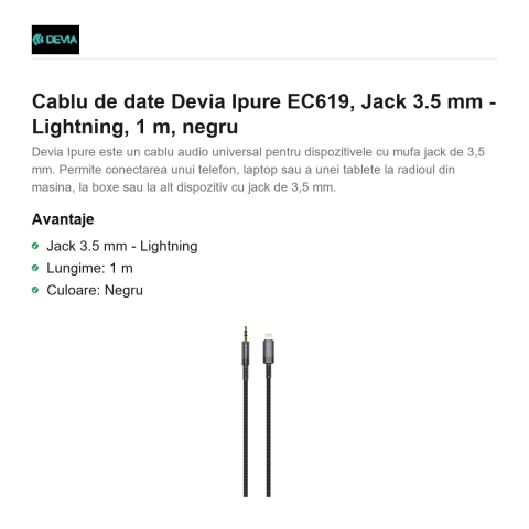 Cablu de date Devia Ipure EC619, Jack 3.5 mm - Lightning, 1 m, negru [1]