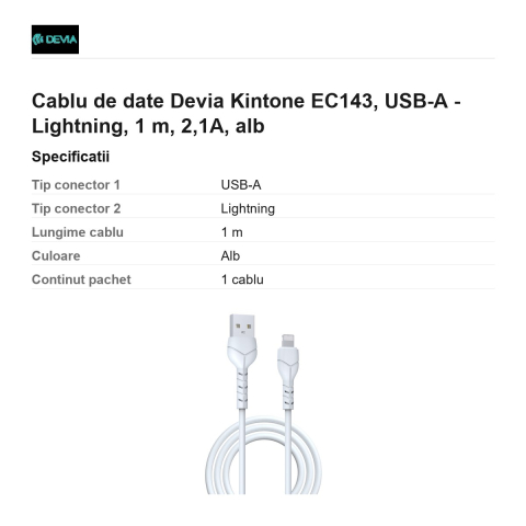 Cablu de date Devia Kintone EC143, USB-A - Lightning, 1 m, 2,1A, alb [2]