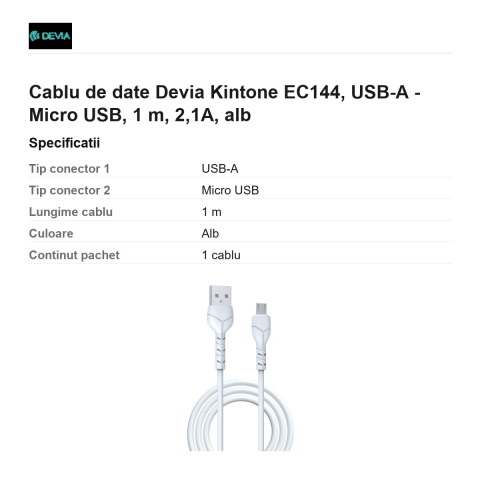 Cablu de date Devia Kintone EC144, USB-A - Micro USB, 1 m, 2,1A, alb [2]