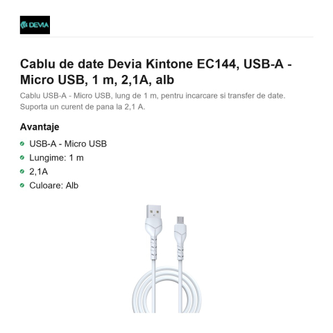 Cablu de date Devia Kintone EC144, USB-A - Micro USB, 1 m, 2,1A, alb [1]
