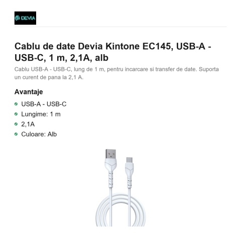 Cablu de date Devia Kintone EC145, USB-A - USB-C, 1 m, 2,1A, alb [1]