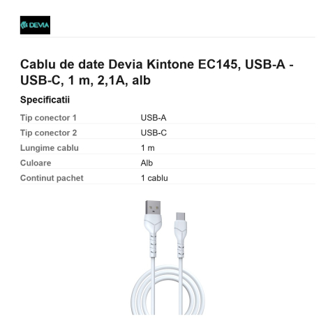 Cablu de date Devia Kintone EC145, USB-A - USB-C, 1 m, 2,1A, alb [2]