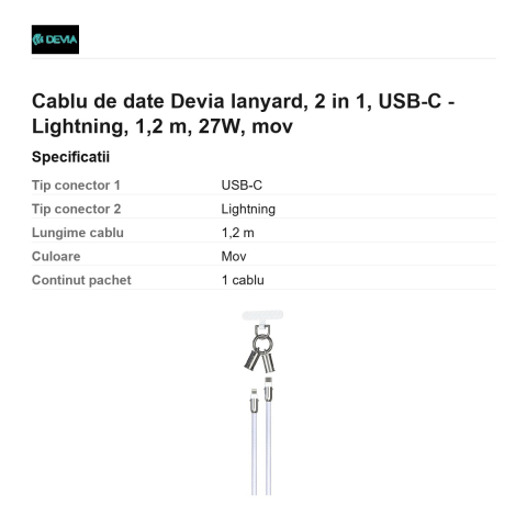 Cablu de date Devia lanyard, 2 in 1, USB-C - Lightning, 1,2 m, 27W, mov [2]