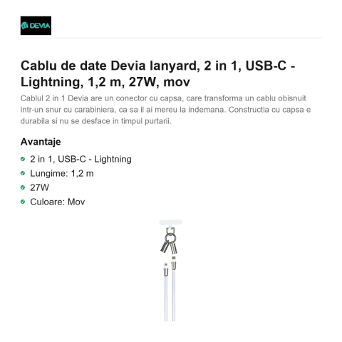 Cablu de date Devia lanyard, 2 in 1, USB-C - Lightning, 1,2 m, 27W, mov [1]