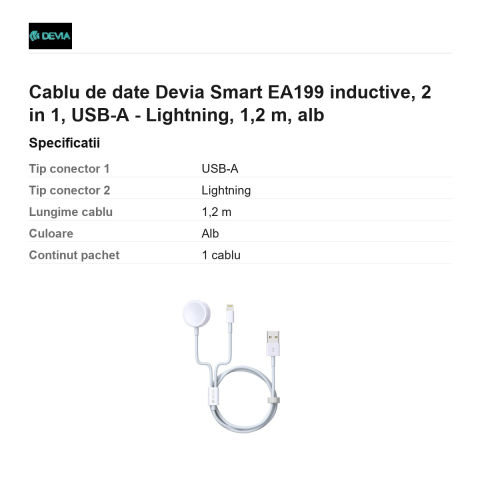 Cablu de date Devia Smart EA199 inductive, 2 in 1, USB-A - Lightning, 1,2 m, alb [2]