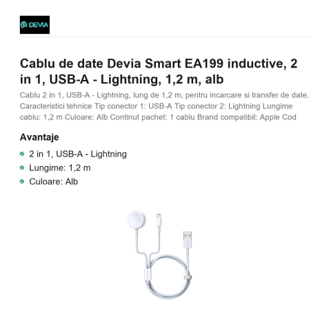 Cablu de date Devia Smart EA199 inductive, 2 in 1, USB-A - Lightning, 1,2 m, alb [1]