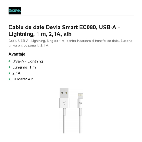 Cablu de date Devia Smart EC080, USB-A - Lightning, 1 m, 2,1A, alb [1]