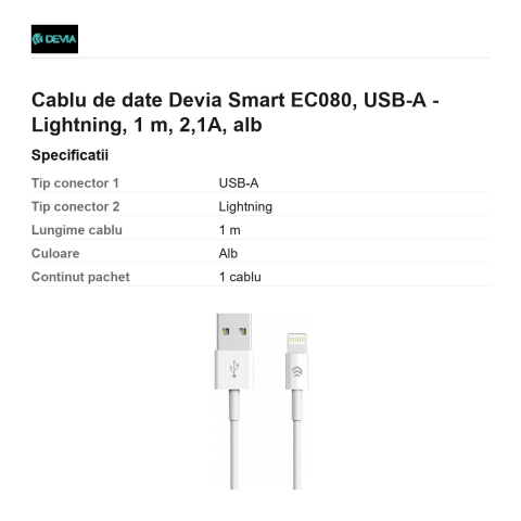 Cablu de date Devia Smart EC080, USB-A - Lightning, 1 m, 2,1A, alb [2]