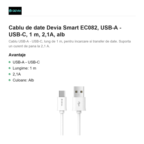 Cablu de date Devia Smart EC082, USB-A - USB-C, 1 m, 2,1A, alb [1]