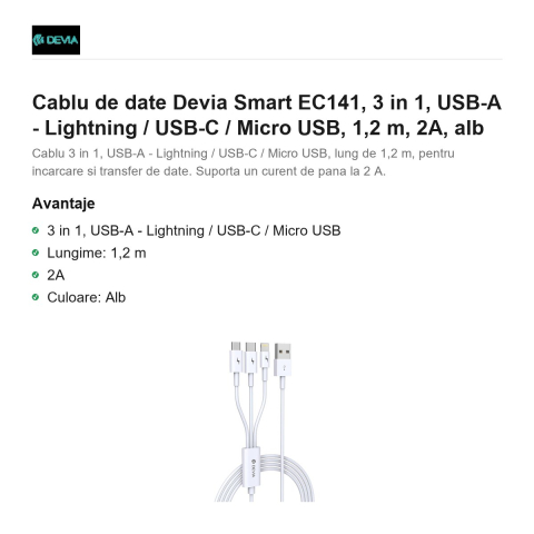 Cablu de date Devia Smart EC141, 3 in 1, USB-A - Lightning / USB-C / Micro USB, 1,2 m, 2A, alb [1]