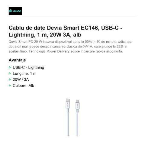 Cablu de date Devia Smart EC146, USB-C - Lightning, 1 m, 20W 3A, alb [1]