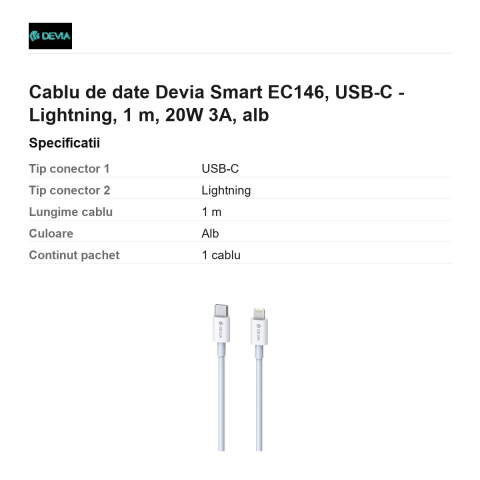 Cablu de date Devia Smart EC146, USB-C - Lightning, 1 m, 20W 3A, alb [2]