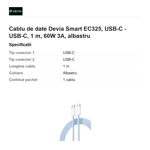 Cablu de date Devia Smart EC325, USB-C - USB-C, 1 m, 60W 3A, albastru [2]