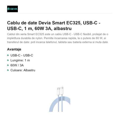 Cablu de date Devia Smart EC325, USB-C - USB-C, 1 m, 60W 3A, albastru [1]