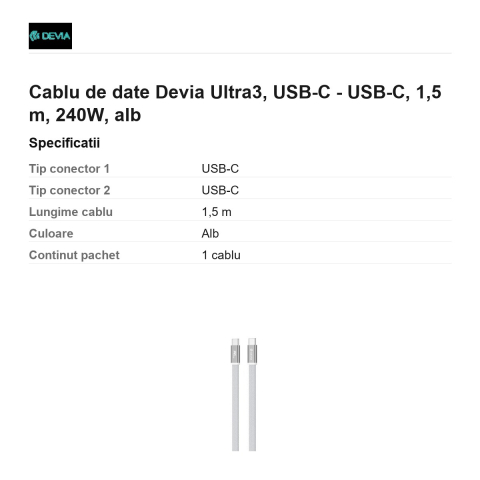 Cablu de date Devia Ultra3, USB-C - USB-C, 1,5 m, 240W, alb [2]