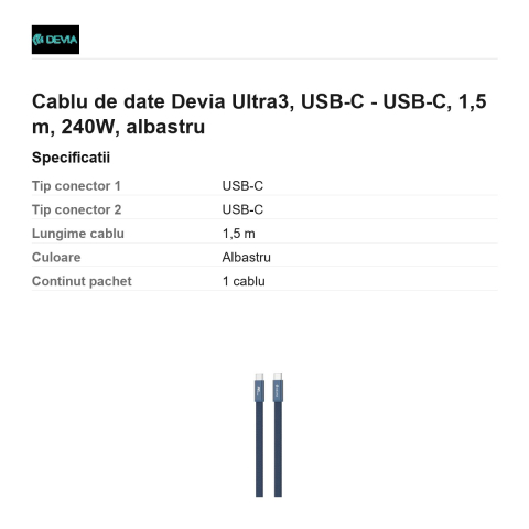 Cablu de date Devia Ultra3, USB-C - USB-C, 1,5 m, 240W, albastru [2]