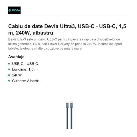 Cablu de date Devia Ultra3, USB-C - USB-C, 1,5 m, 240W, albastru [1]