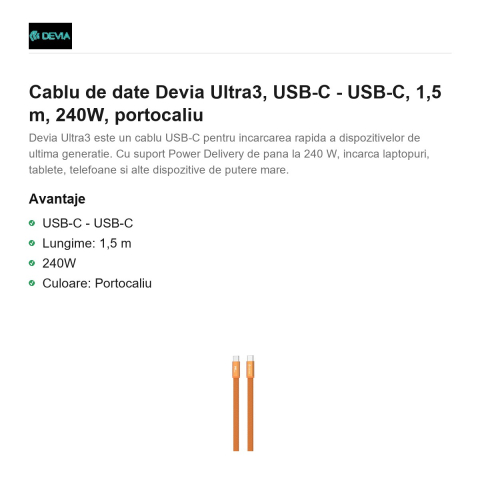 Cablu de date Devia Ultra3, USB-C - USB-C, 1,5 m, 240W, portocaliu [1]