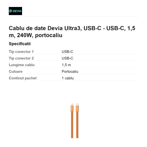 Cablu de date Devia Ultra3, USB-C - USB-C, 1,5 m, 240W, portocaliu [2]