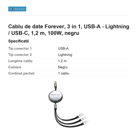 Cablu de date Forever, 3 in 1, USB-A - Lightning / USB-C, 1,2 m, 100W, negru [2]