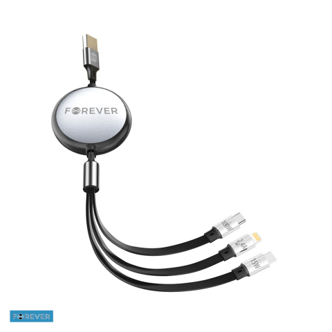 Cabluri de date telefoane - Cablu de date Forever, 3 in 1, USB-A - Lightning / USB-C, 1,2 m, 100W, negru