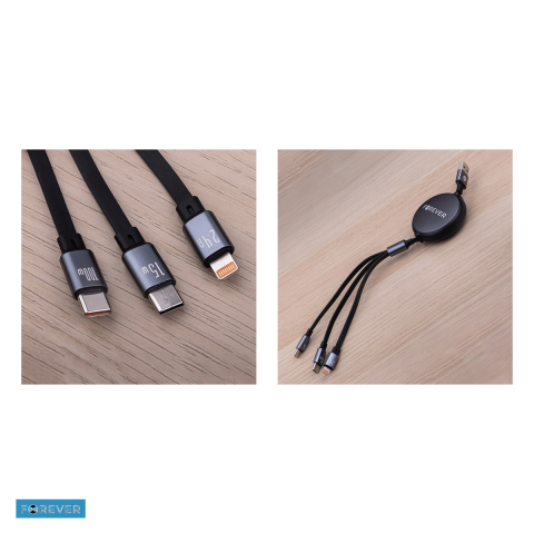 Cablu de date Forever, 3 in 1, USB-A - Lightning / USB-C, 1,2 m, 100W, negru [4]