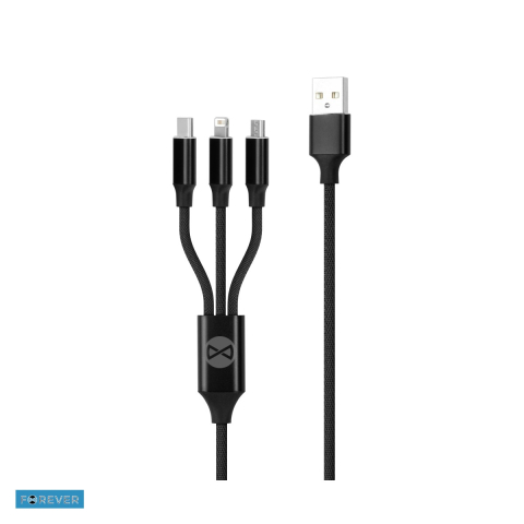 Cabluri de date telefoane - Cablu de date Forever, 3 in 1, USB-A - Lightning / USB-C / Micro USB, 1,2 m, 2A, negru