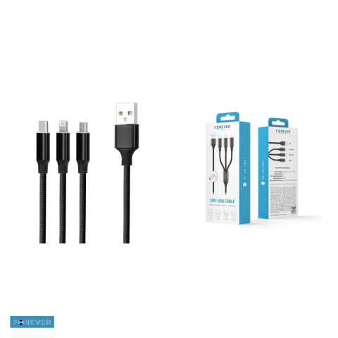 Cablu de date Forever, 3 in 1, USB-A - Lightning / USB-C / Micro USB, 1,2 m, 2A, negru [3]