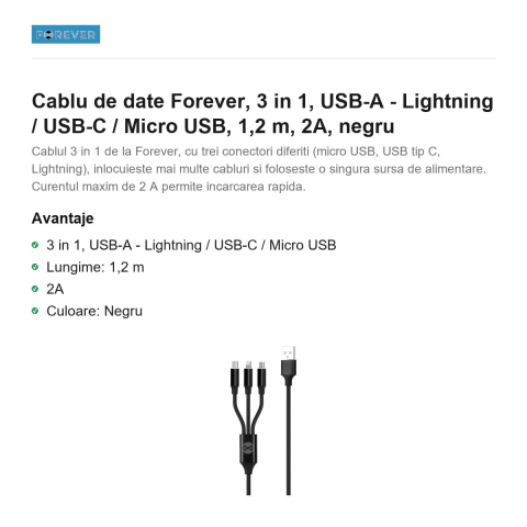 Cablu de date Forever, 3 in 1, USB-A - Lightning / USB-C / Micro USB, 1,2 m, 2A, negru [1]