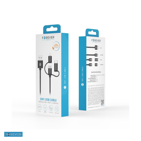 Cablu de date Forever, 3 in 1, USB-A - Lightning / USB-C / Micro USB, 1 m, 1,5A, negru [3]
