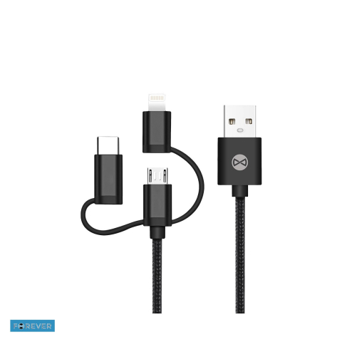 Cabluri de date telefoane - Cablu de date Forever, 3 in 1, USB-A - Lightning / USB-C / Micro USB, 1 m, 1,5A, negru