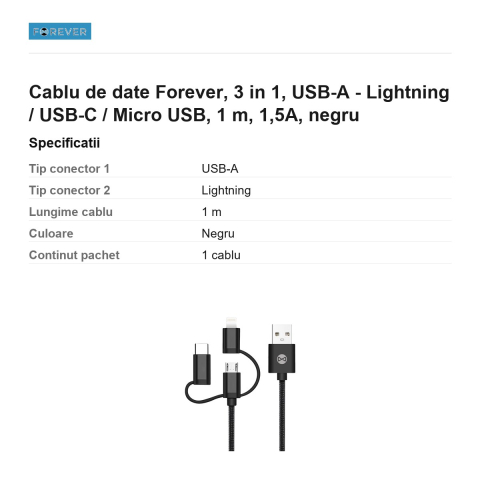 Cablu de date Forever, 3 in 1, USB-A - Lightning / USB-C / Micro USB, 1 m, 1,5A, negru [2]