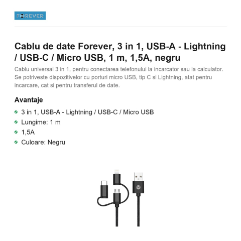 Cablu de date Forever, 3 in 1, USB-A - Lightning / USB-C / Micro USB, 1 m, 1,5A, negru [1]