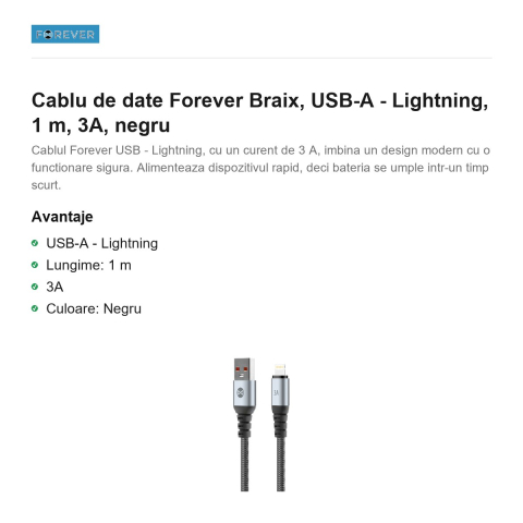 Cablu de date Forever Braix, USB-A - Lightning, 1 m, 3A, negru [1]