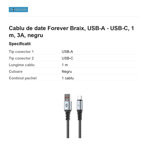 Cablu de date Forever Braix, USB-A - USB-C, 1 m, 3A, negru [2]