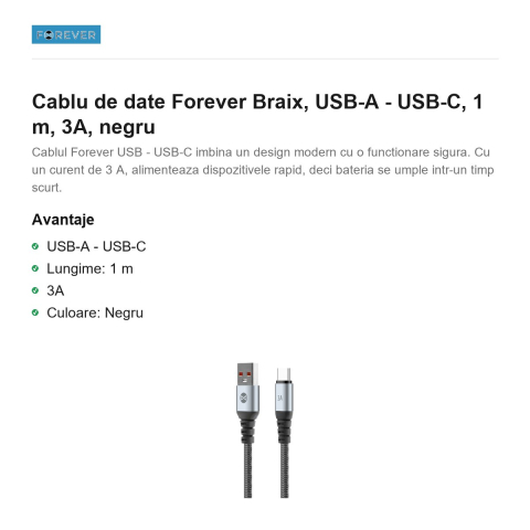 Cablu de date Forever Braix, USB-A - USB-C, 1 m, 3A, negru [1]