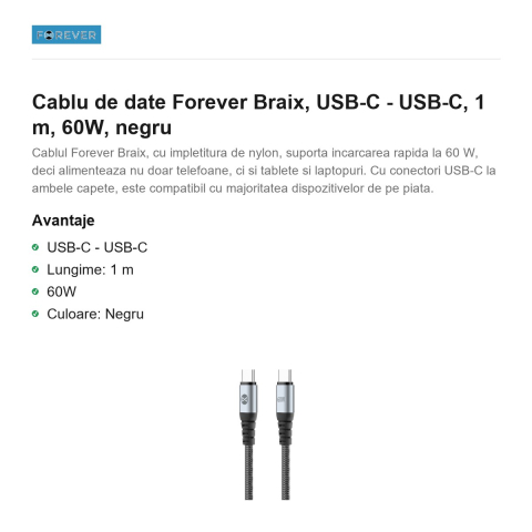 Cablu de date Forever Braix, USB-C - USB-C, 1 m, 60W, negru [1]