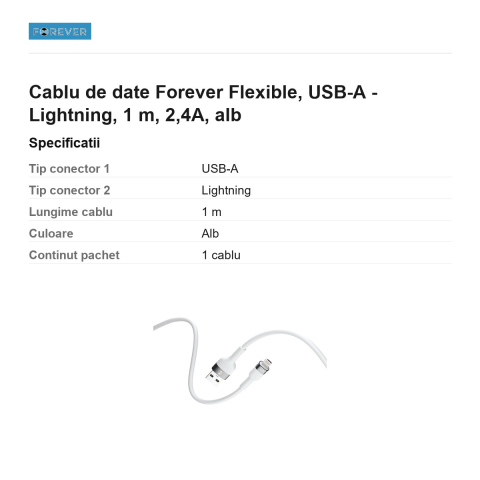 Cablu de date Forever Flexible, USB-A - Lightning, 1 m, 2,4A, alb [2]