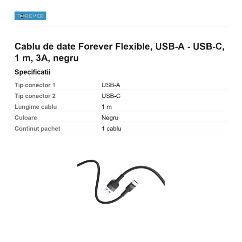 Cablu de date Forever Flexible, USB-A - USB-C, 1 m, 3A, negru [2]
