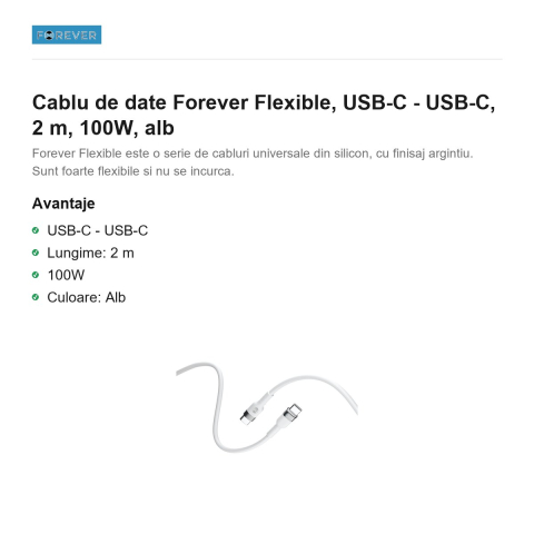 Cablu de date Forever Flexible, USB-C - USB-C, 2 m, 100W, alb [1]