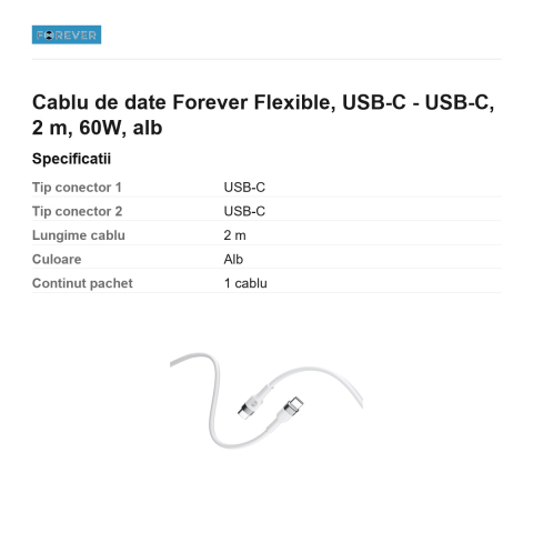 Cablu de date Forever Flexible, USB-C - USB-C, 2 m, 60W, alb [2]