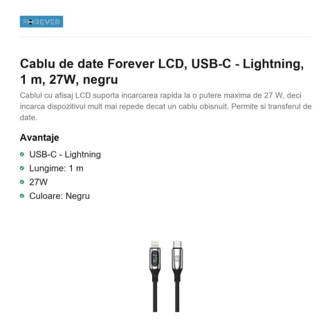 Cablu de date Forever LCD, USB-C - Lightning, 1 m, 27W, negru [1]